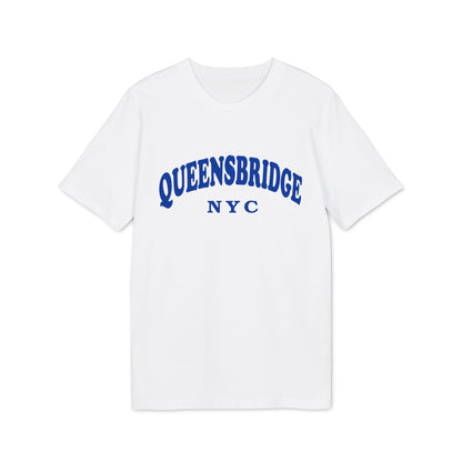 White t-shirt with blue "QUEENSBRIDGE NYC" text arched across the chest.