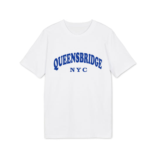 White t-shirt with blue "QUEENSBRIDGE NYC" text arched across the chest.