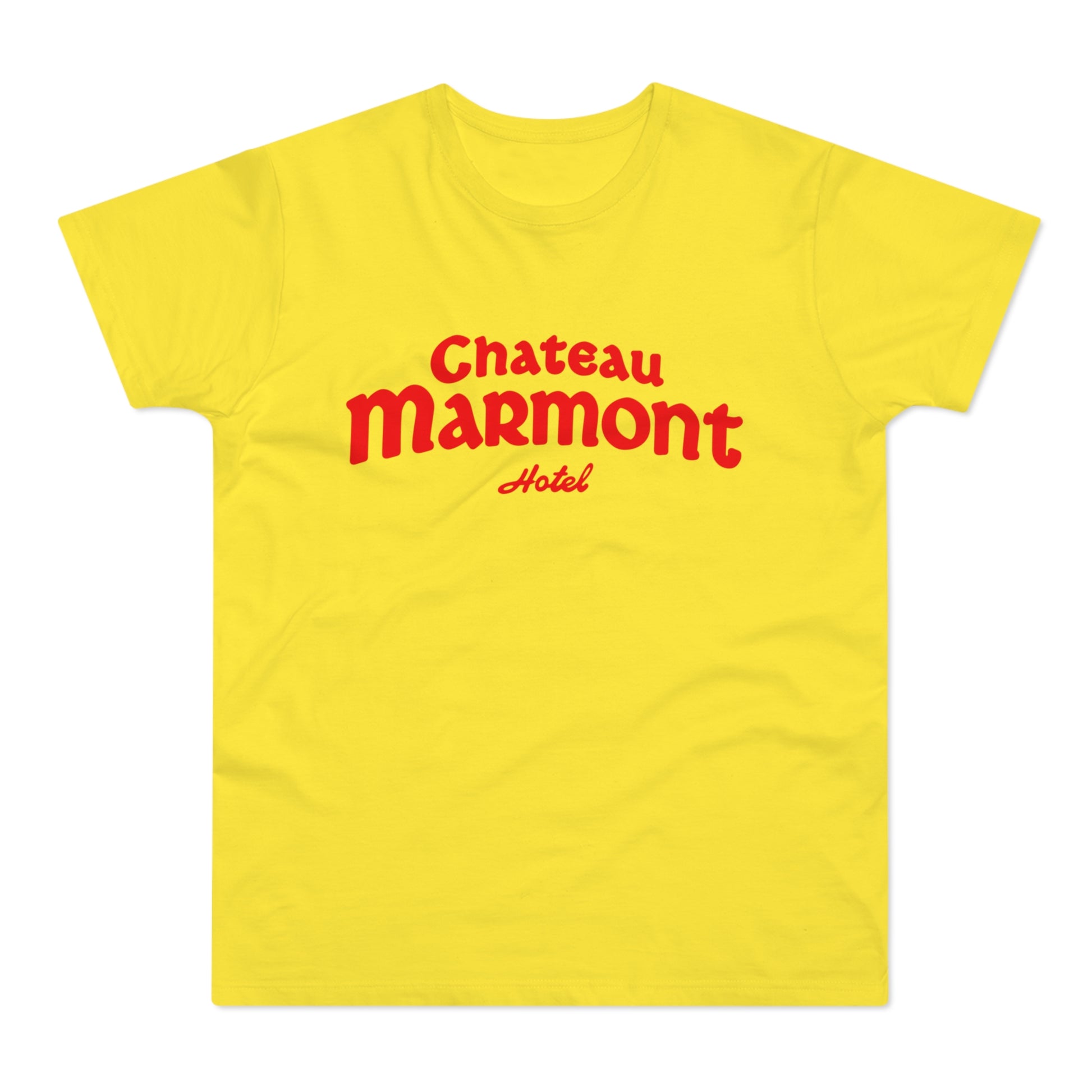 Yellow t-shirt with red "Chateau Marmont Hotel" text.