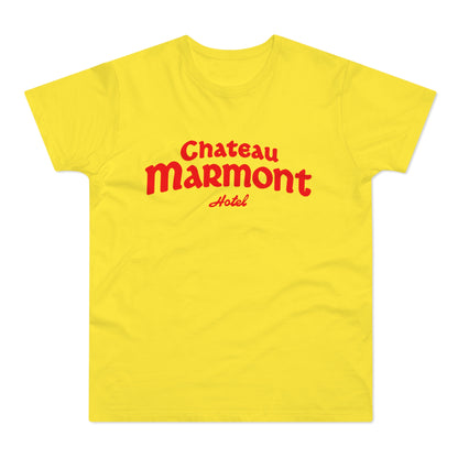 Yellow t-shirt with red "Chateau Marmont Hotel" text.