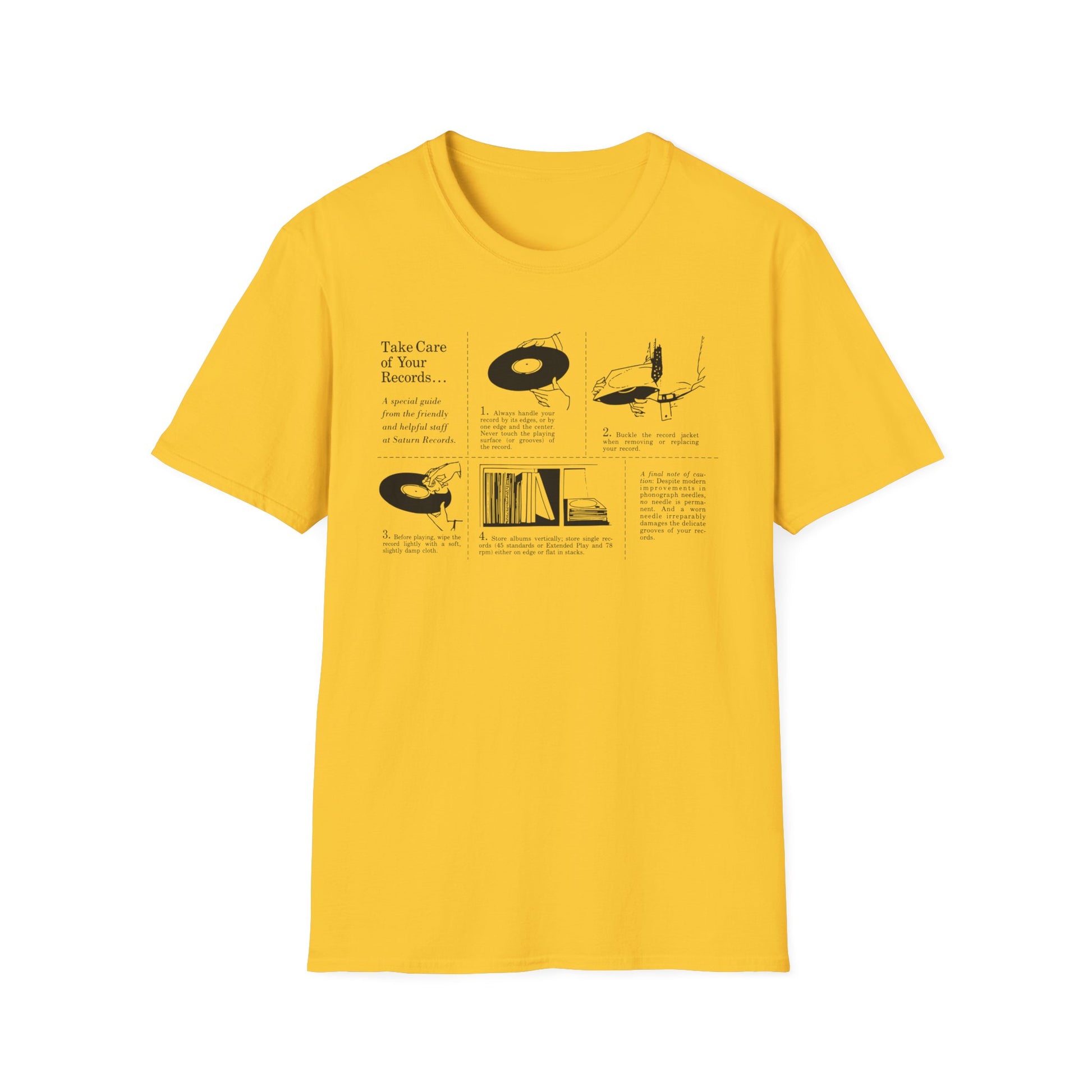 Graphic on yellow t-shirt with text "Take Care of Your Records..." and four illustrated steps.