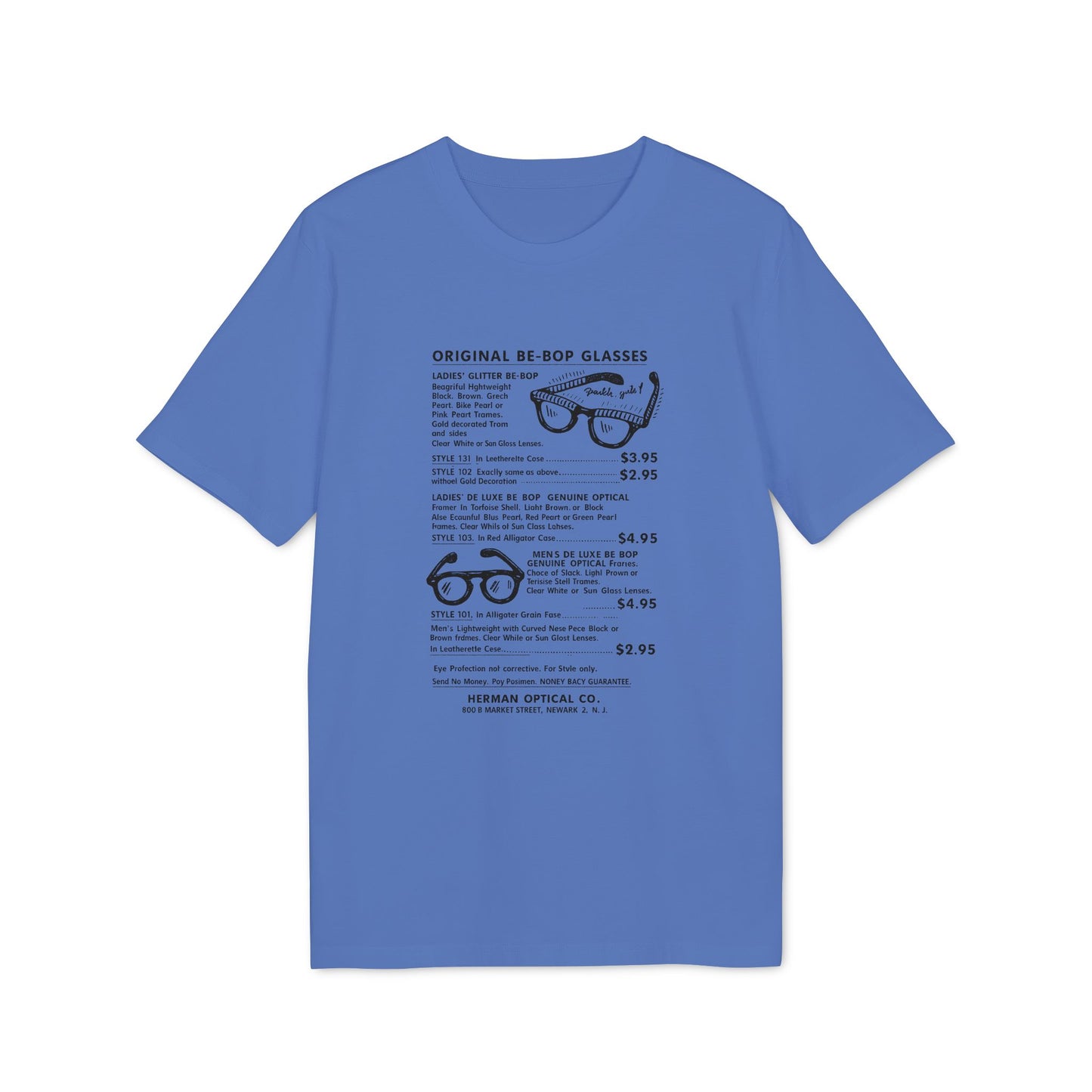 Blue t-shirt with text about Original Be-Bop eyeglasses styles and prices.