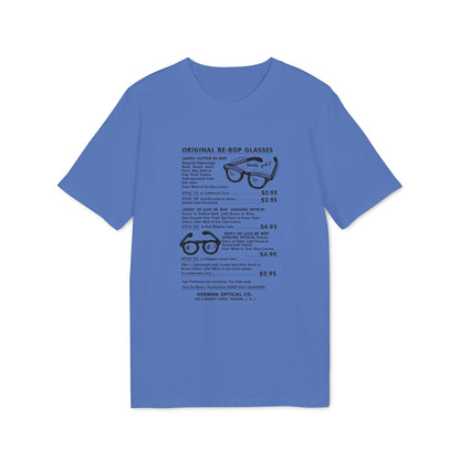 Blue t-shirt with text about Original Be-Bop eyeglasses styles and prices.