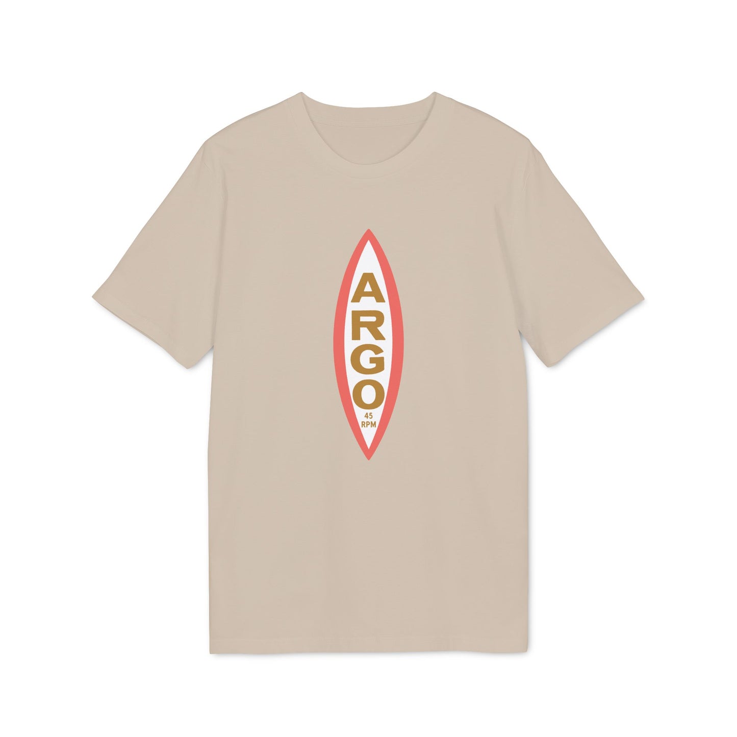 Tan t-shirt with red and gold "ARGO 45 RPM" logo on the front.
