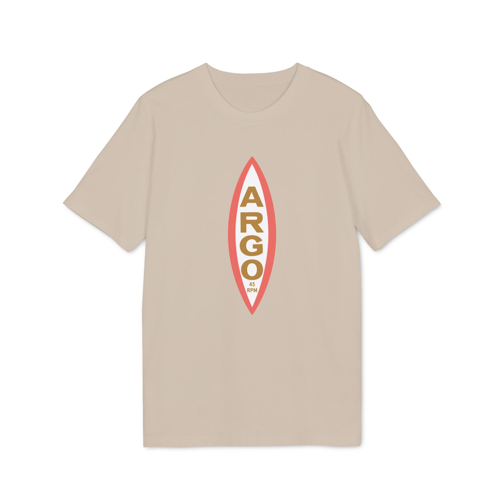 Tan t-shirt with red and gold "ARGO 45 RPM" logo on the front.