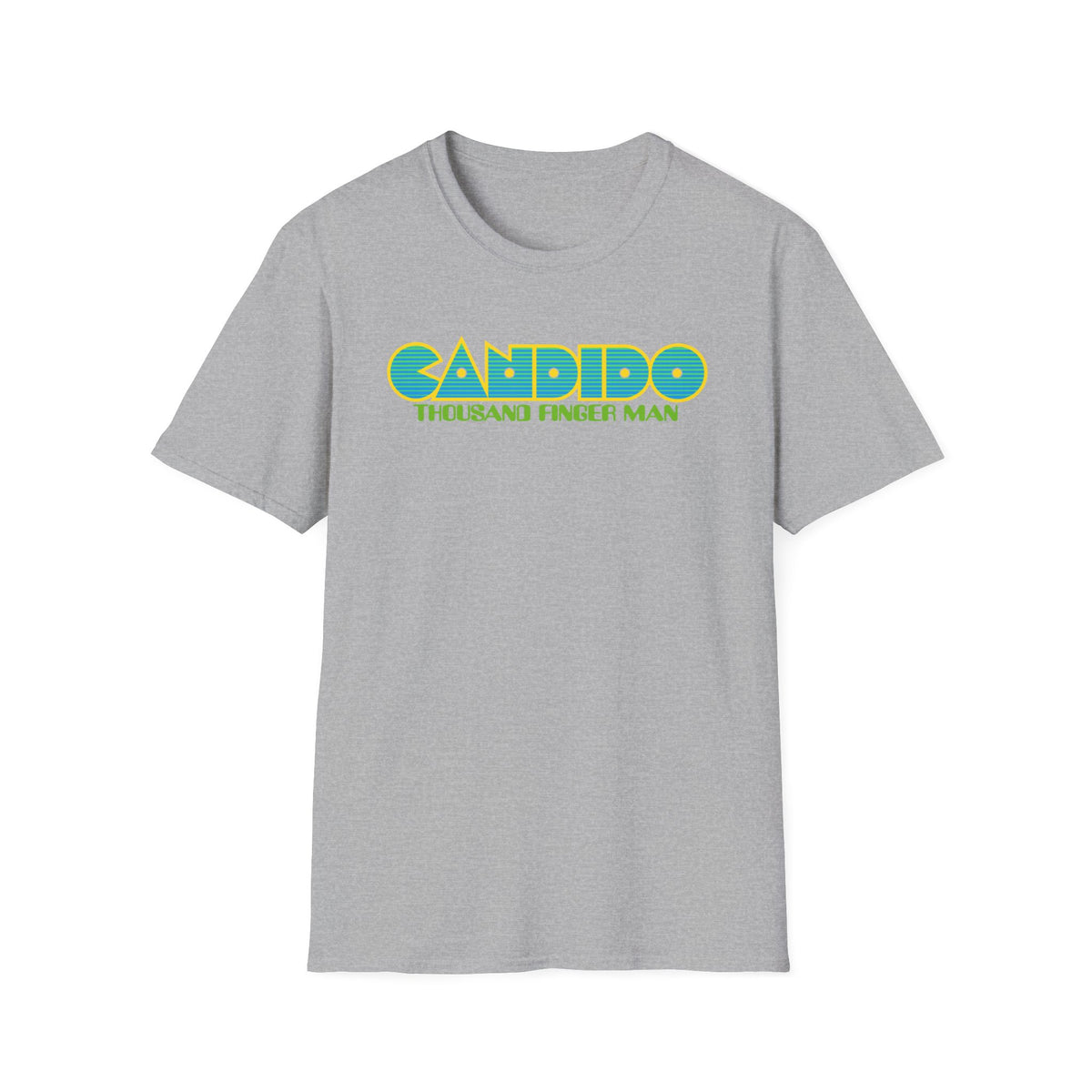 Gray t-shirt with text "CANDIDO THOUSAND FINGER MAN" in blue and yellow.