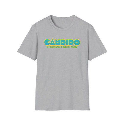 Gray t-shirt with text "CANDIDO THOUSAND FINGER MAN" in blue and yellow.