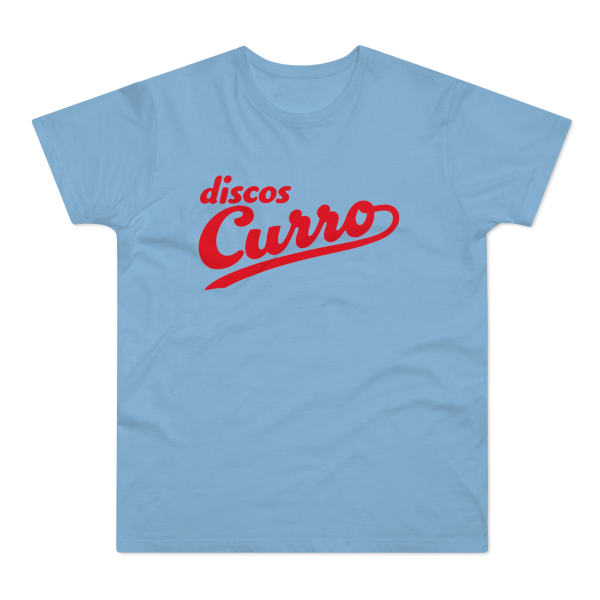 Light blue t-shirt with red "discos Curro" logo.