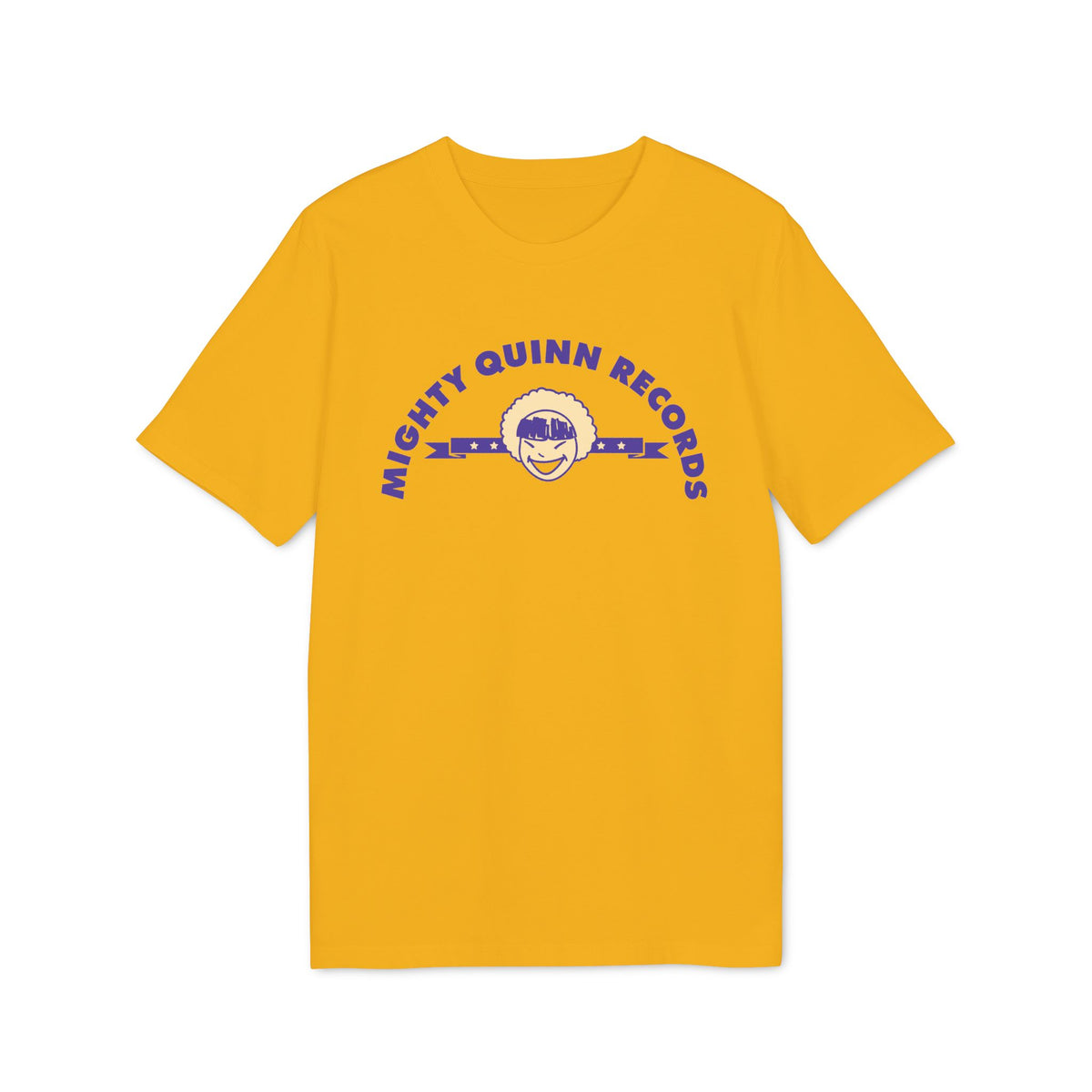 Yellow t-shirt with purple "Mighty Quinn Records" text and a cartoon face logo.