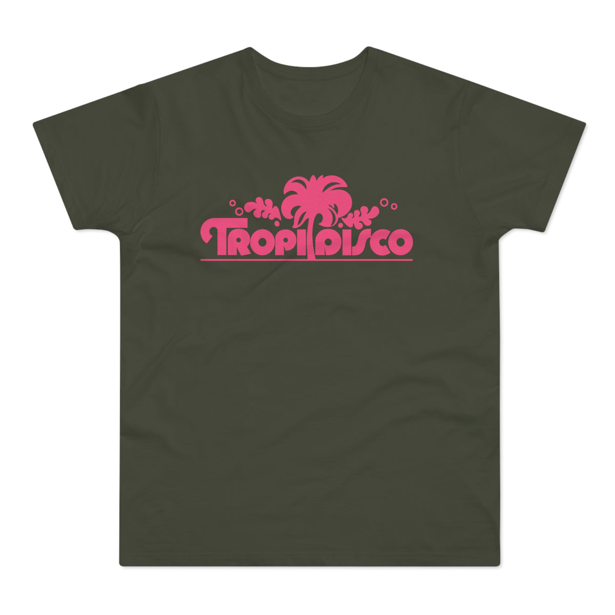 Dark green t-shirt with pink "Tropi Disco" logo featuring a palm tree.