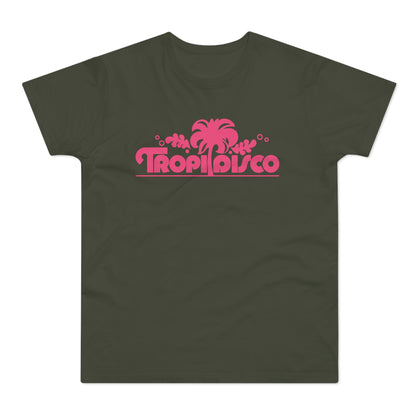Dark green t-shirt with pink "Tropi Disco" logo featuring a palm tree.