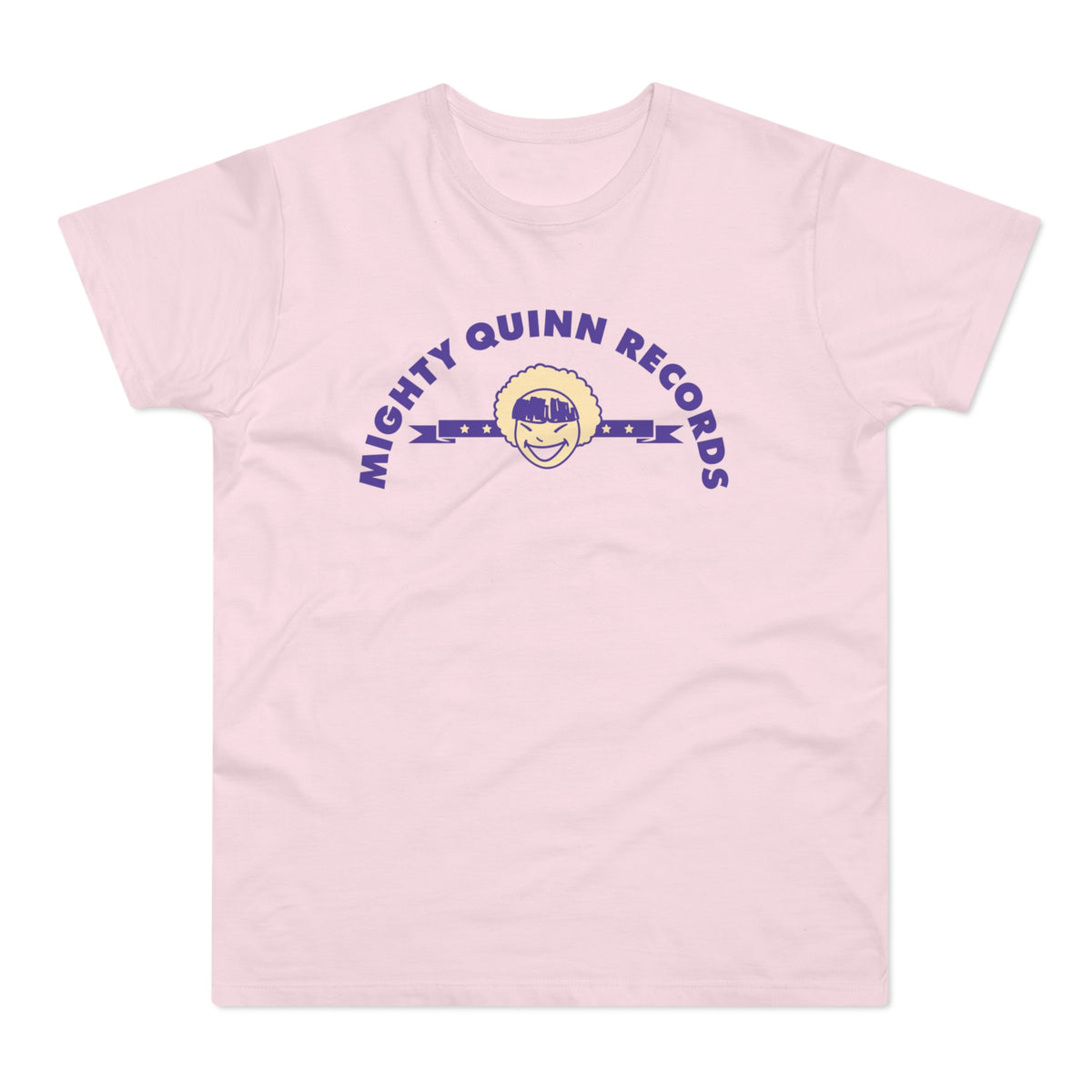 Pink t-shirt with arched text "MIGHTY QUINN RECORDS" and a smiling face emblem.