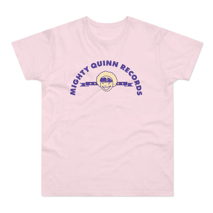 Pink t-shirt with arched text "MIGHTY QUINN RECORDS" and a smiling face emblem.