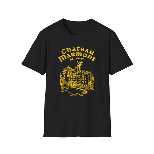 Black t-shirt with yellow Chateau Marmont Hollywood building graphic and text.
