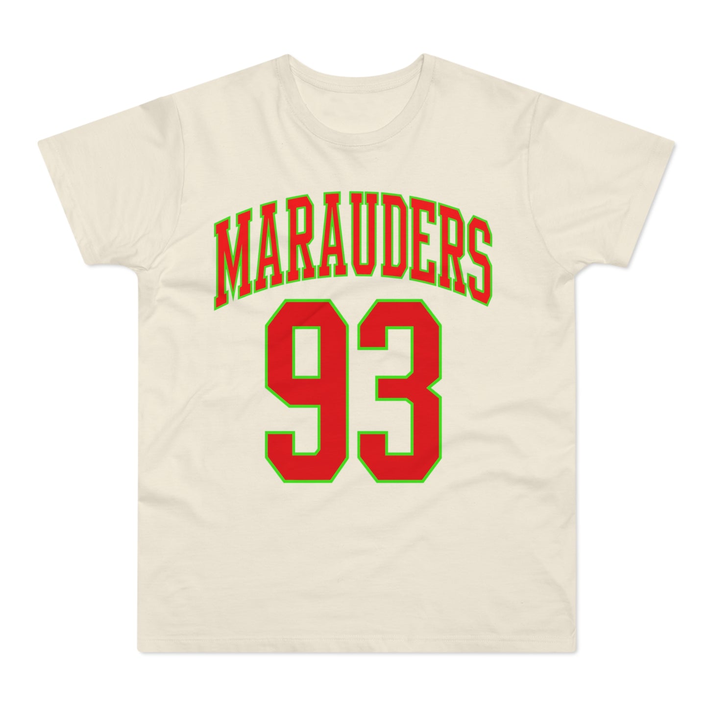 Tan t-shirt with "Marauders 93" in red and green lettering.
