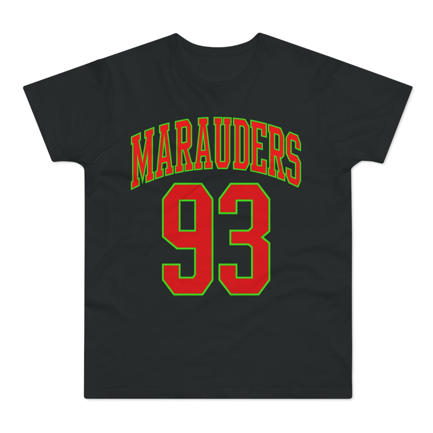 Black t-shirt with red and green "MARAUDERS 93" graphic.