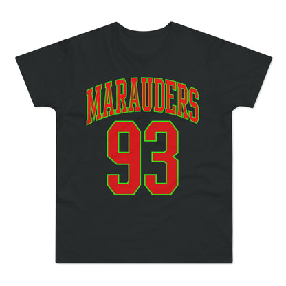 Black t-shirt with red and green "MARAUDERS 93" graphic.