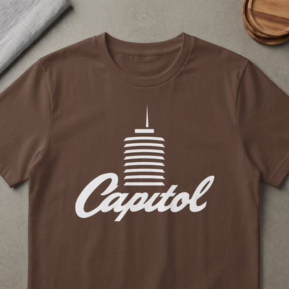 Brown t-shirt with white Capitol Records building logo and text.
