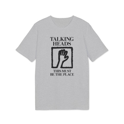 Grey t-shirt with "Talking Heads" and "This Must Be The Place" text and a hand icon.