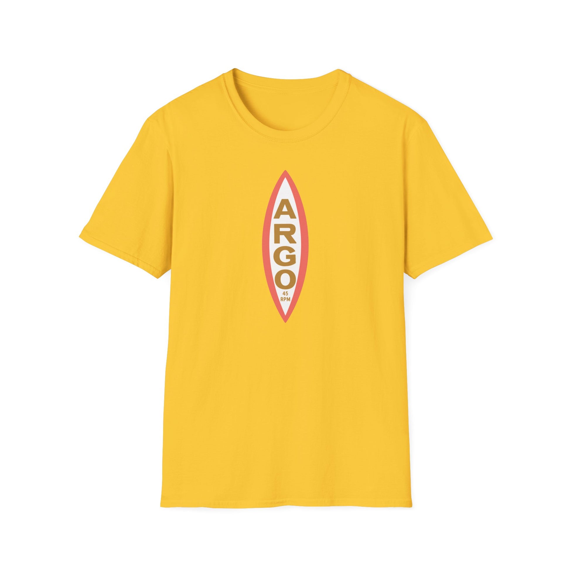 Yellow t-shirt with a red and white surfboard graphic featuring the word "ARGO".