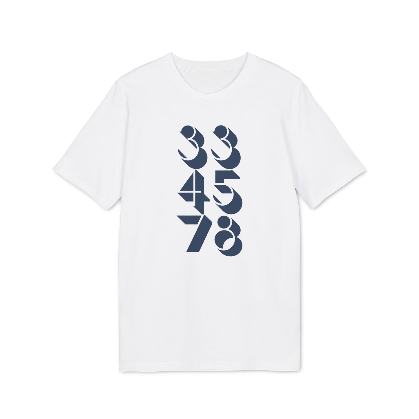 White t-shirt with navy blue numbers "33 45 78" arranged vertically.