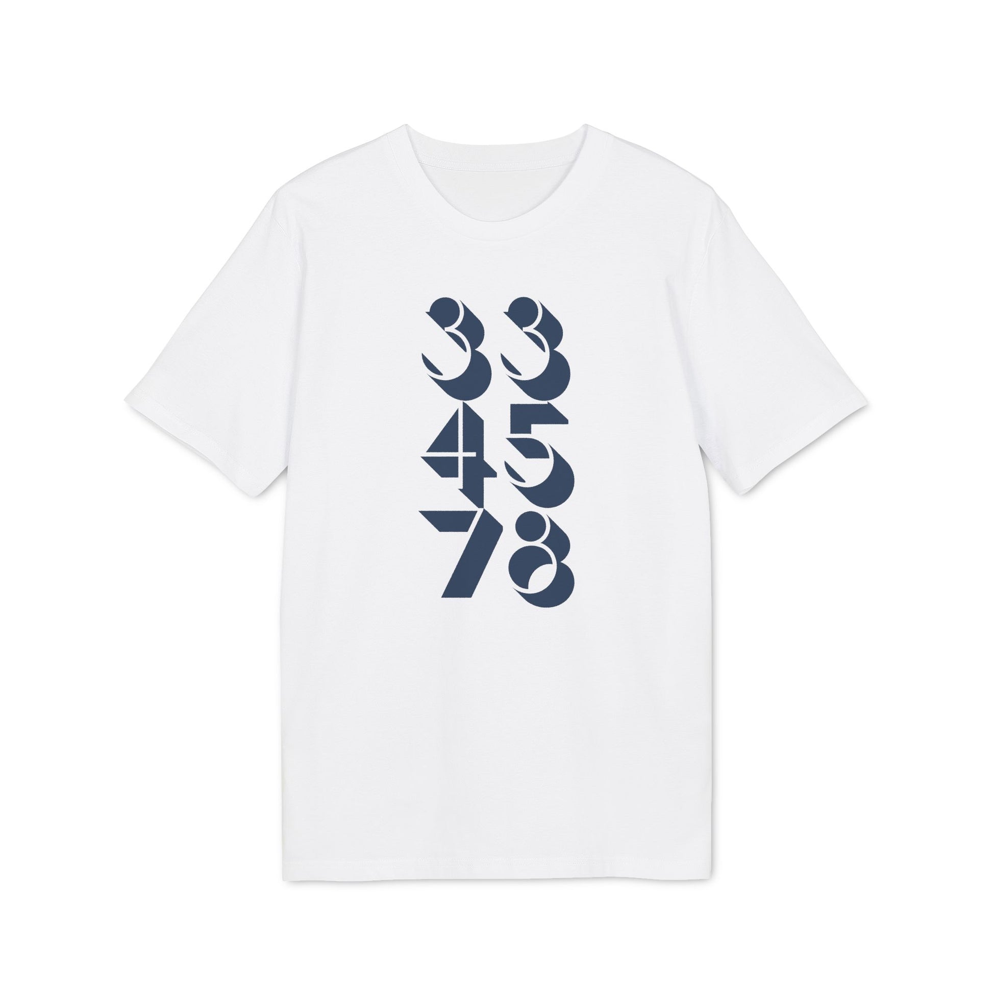 White t-shirt with navy blue numbers "33 45 78" arranged vertically.
