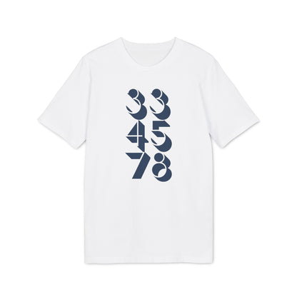 White t-shirt with navy blue numbers "33 45 78" arranged vertically.