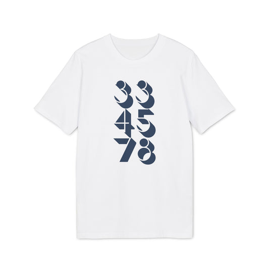 White t-shirt with navy blue numbers "33 45 78" arranged vertically.
