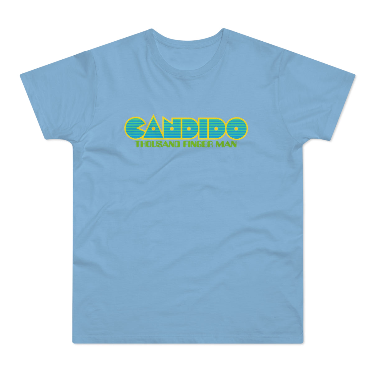 Light blue t-shirt with yellow and teal "CANDIDO THOUSAND FINGER MAN" text.