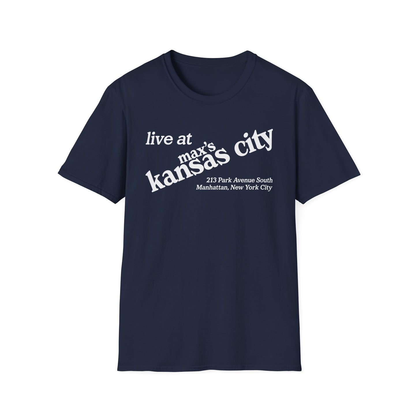 Navy t-shirt with white text: "live at max's kansas city 213 Park Avenue South Manhattan, New York City"