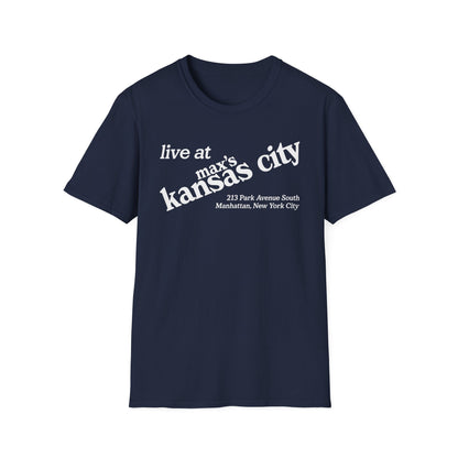 Navy t-shirt with white text: "live at max's kansas city 213 Park Avenue South Manhattan, New York City"
