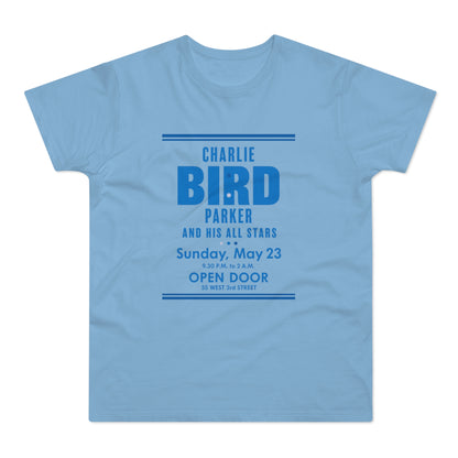 Light blue t-shirt with Charlie Parker and His All Stars concert text.