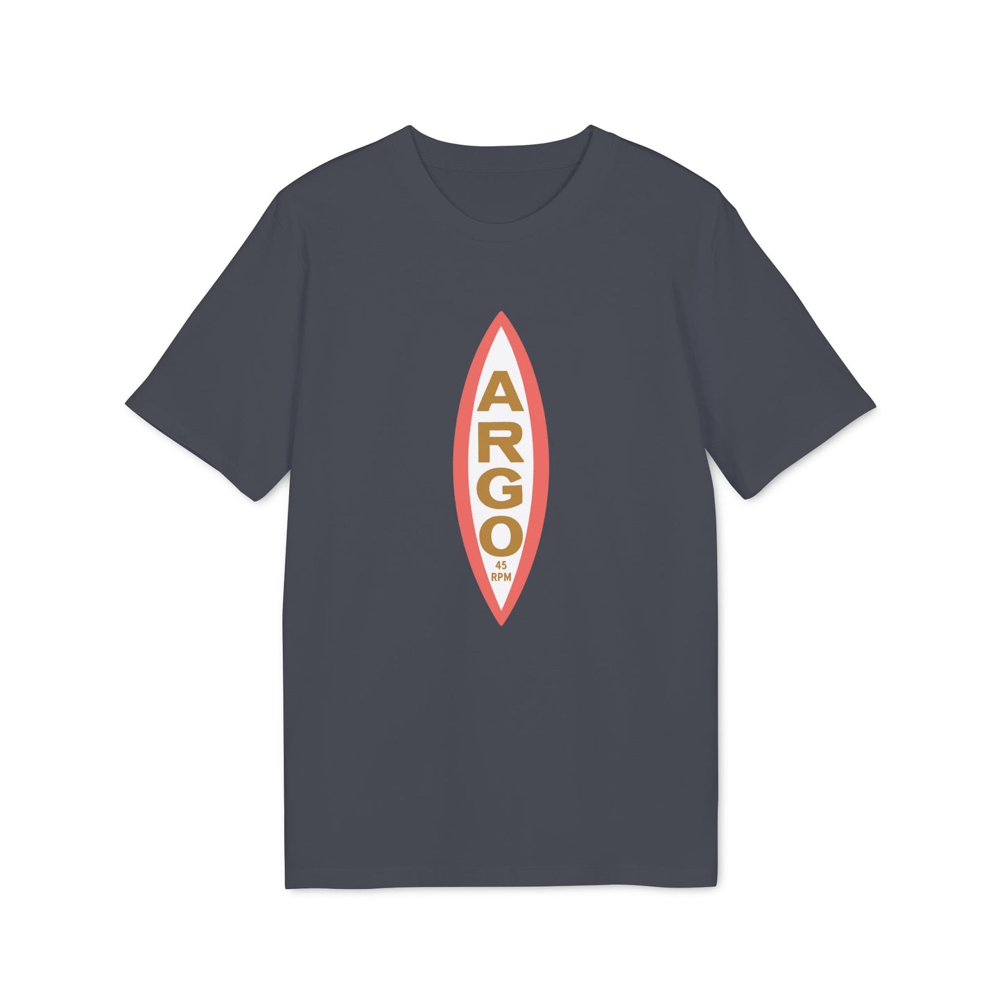 Dark grey t-shirt with a vertical ARGO 45 RPM logo centered on the chest.