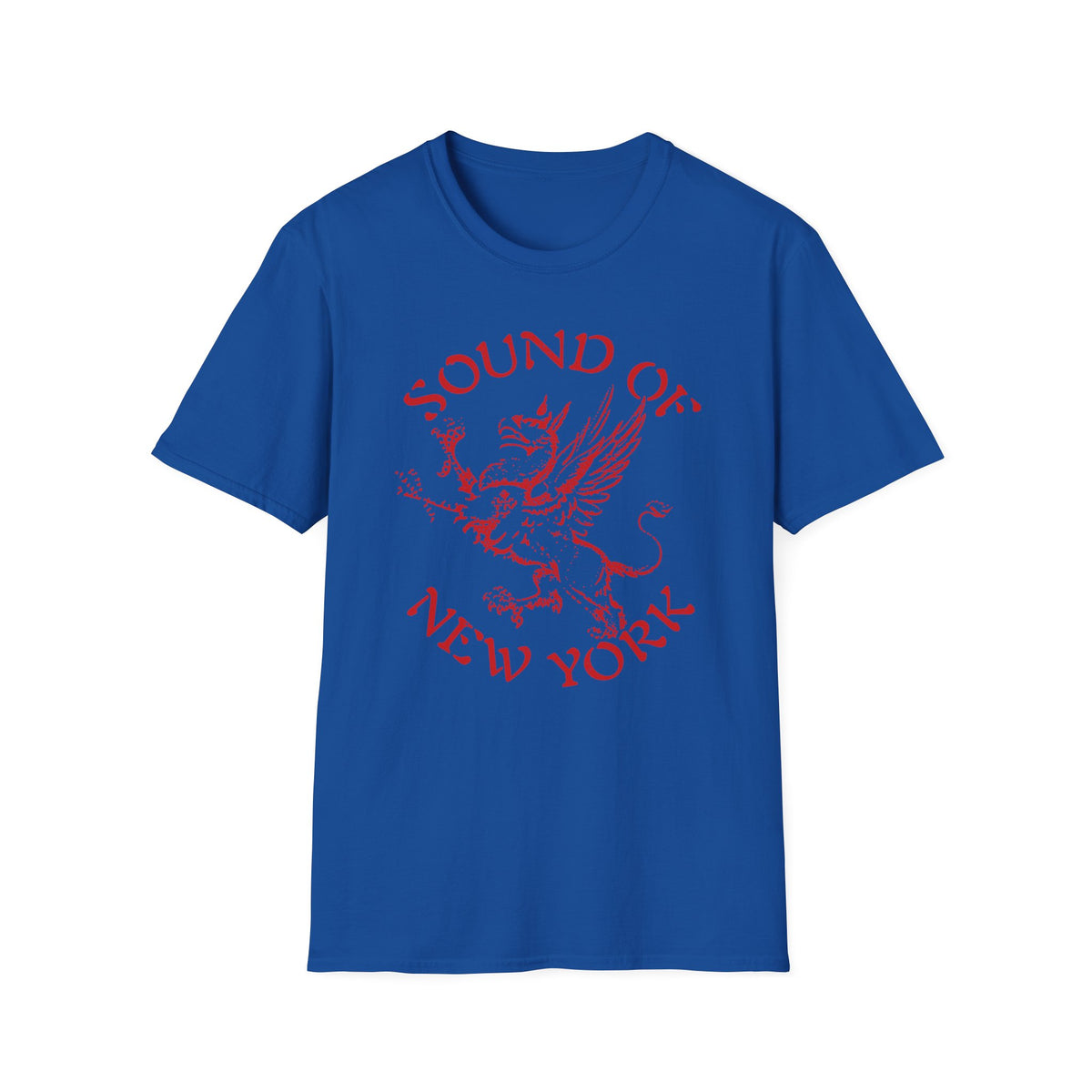 Blue t-shirt with red "Sound of New York" text and griffin graphic.