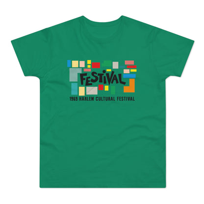Green t-shirt with colorful blocks and text "FEST