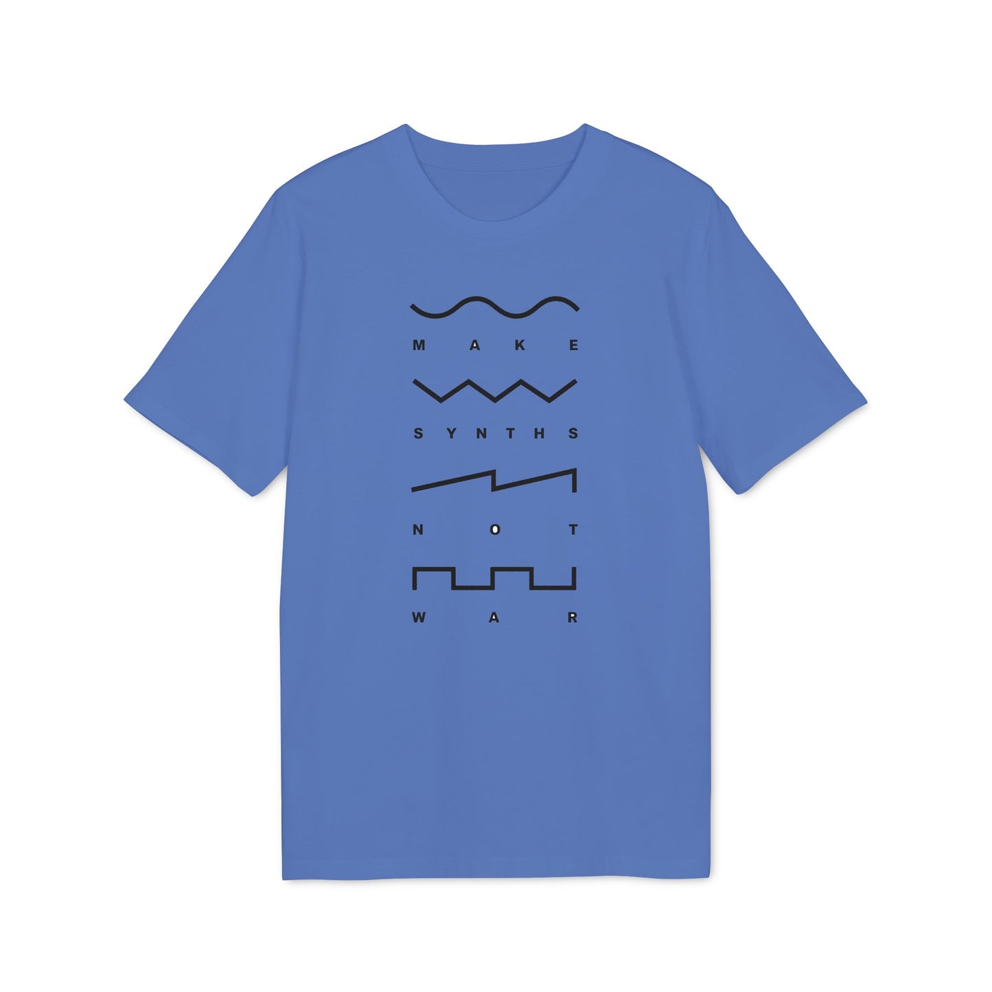 Blue t-shirt with black text and synth wave graphics: "MAKE SYNTHS NOT WAR".