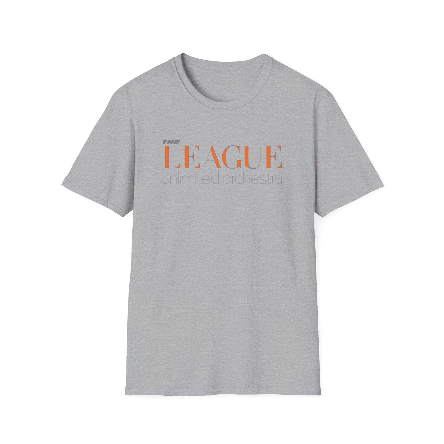 Grey t-shirt with orange and grey text "THE LEAGUE unlimited orchestra".