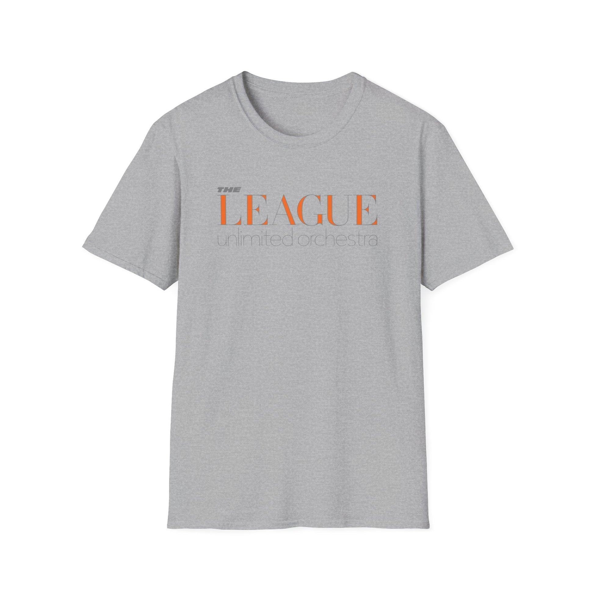 Grey t-shirt with orange and grey text "THE LEAGUE unlimited orchestra".