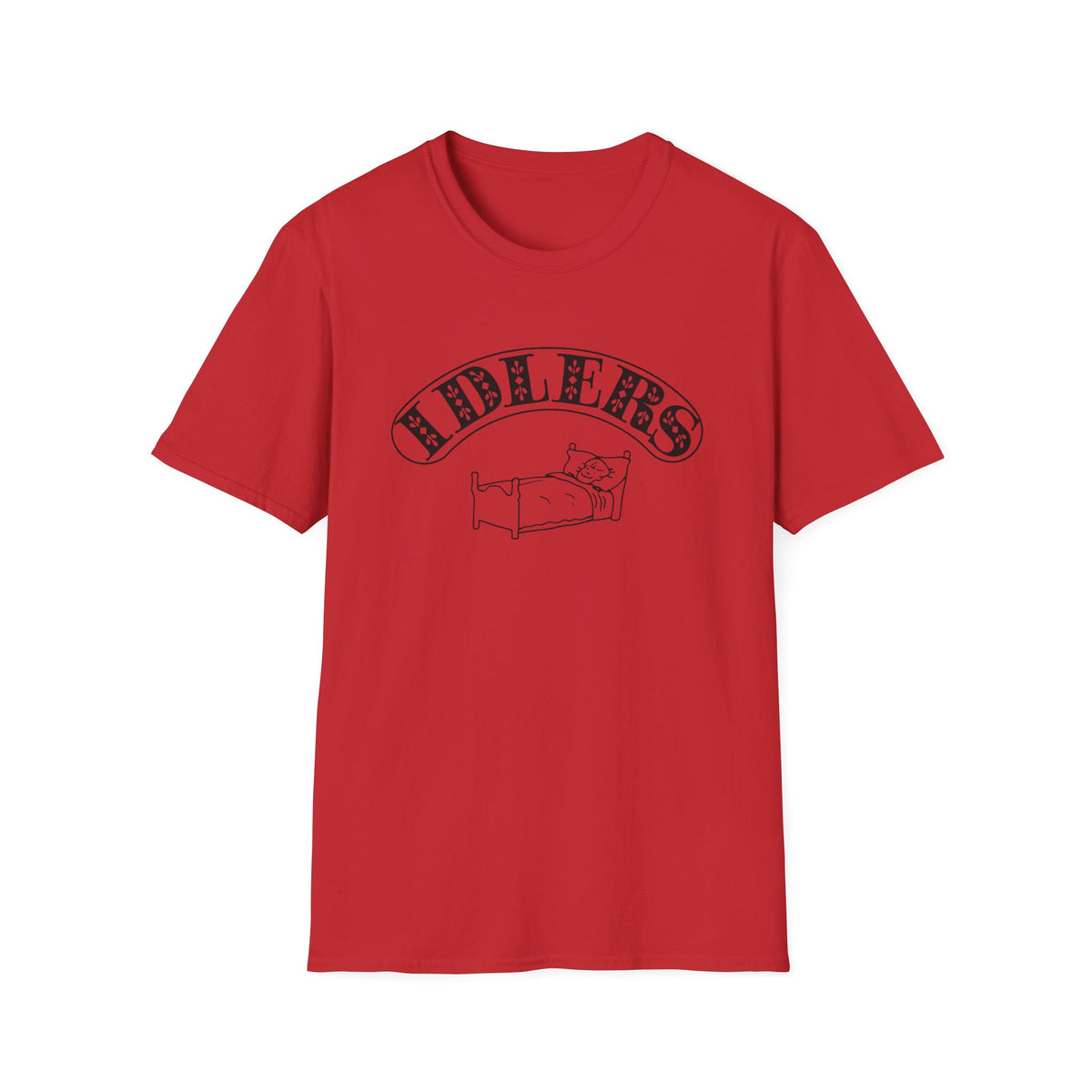 Red t-shirt with black text "IDLERS" and an illustration of a person sleeping in bed.
