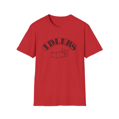 Red t-shirt with black text "IDLERS" and an illustration of a person sleeping in bed.