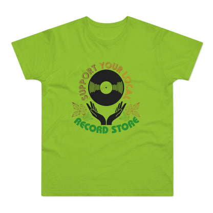 T-shirt with graphic featuring vinyl record and text "Support Your Local Record Store".