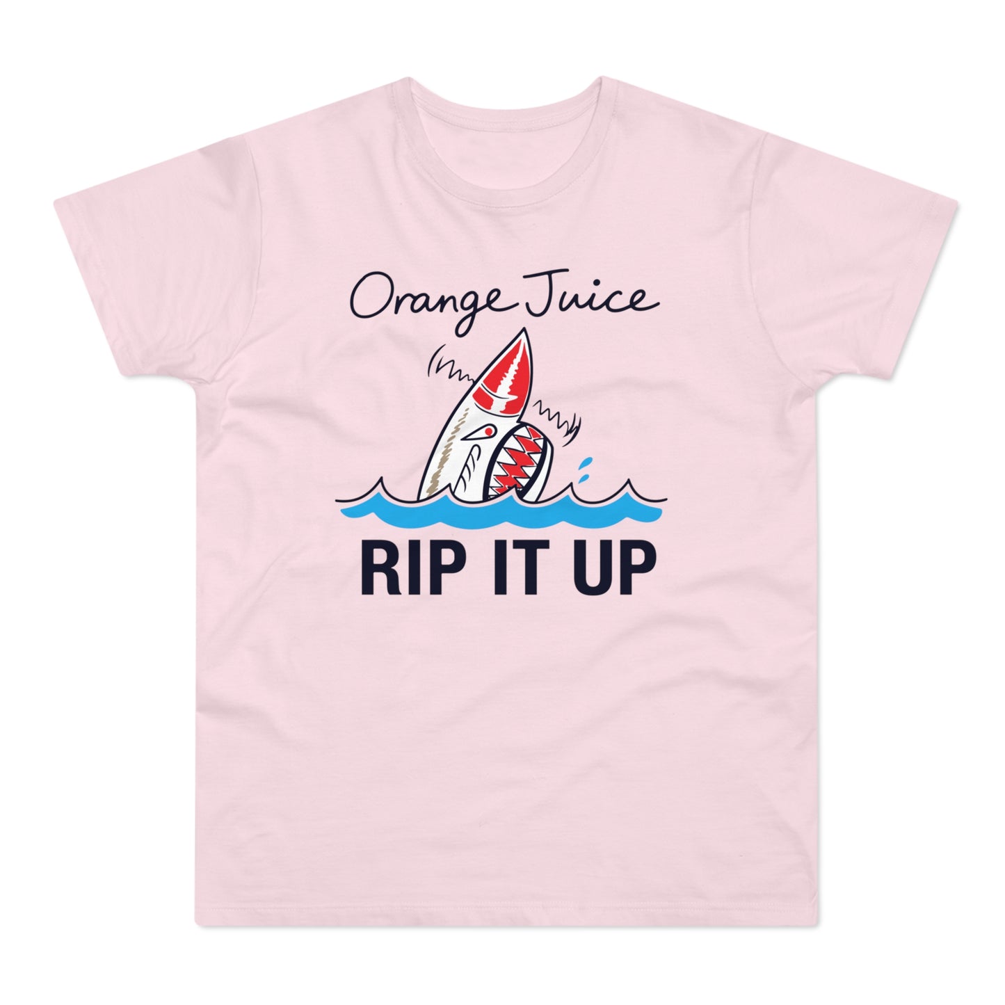Pink t-shirt with a shark graphic and text "Orange Juice Rip It Up".