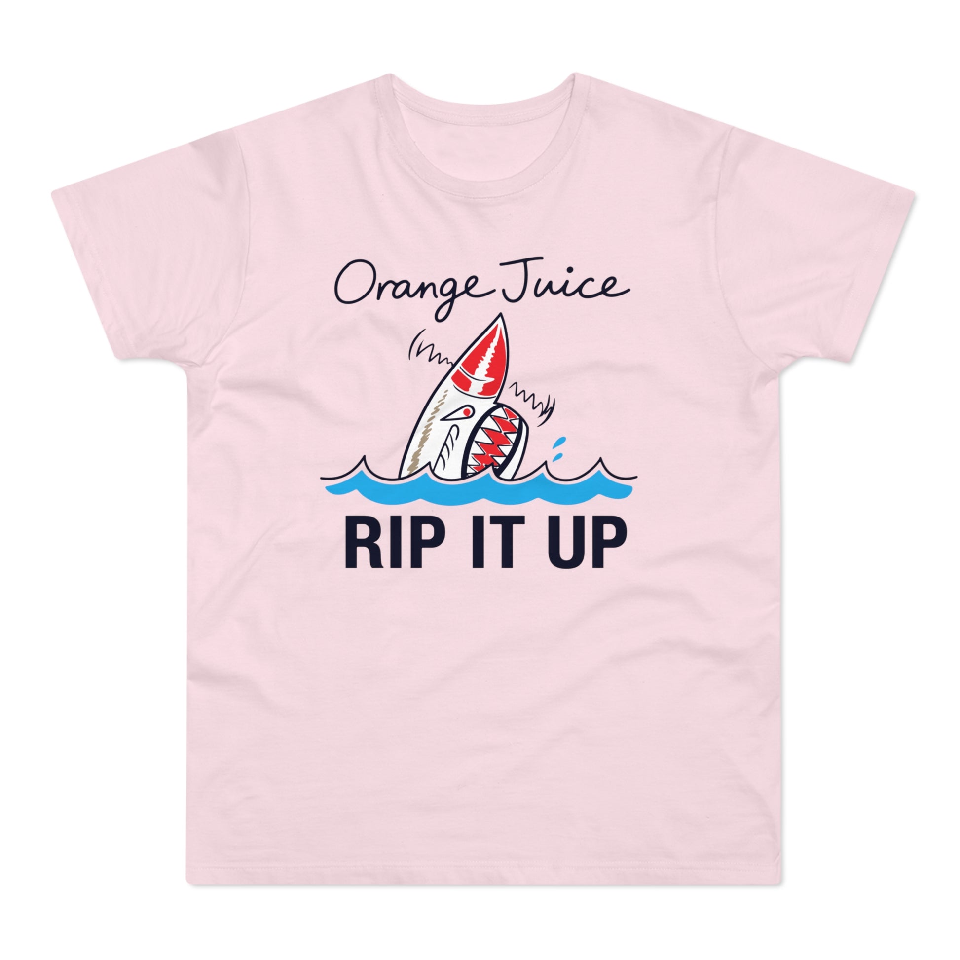 Pink t-shirt with a shark graphic and text "Orange Juice Rip It Up".