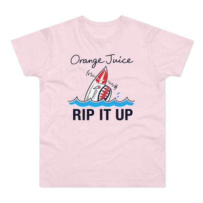 Pink t-shirt with a shark graphic and text "Orange Juice Rip It Up".