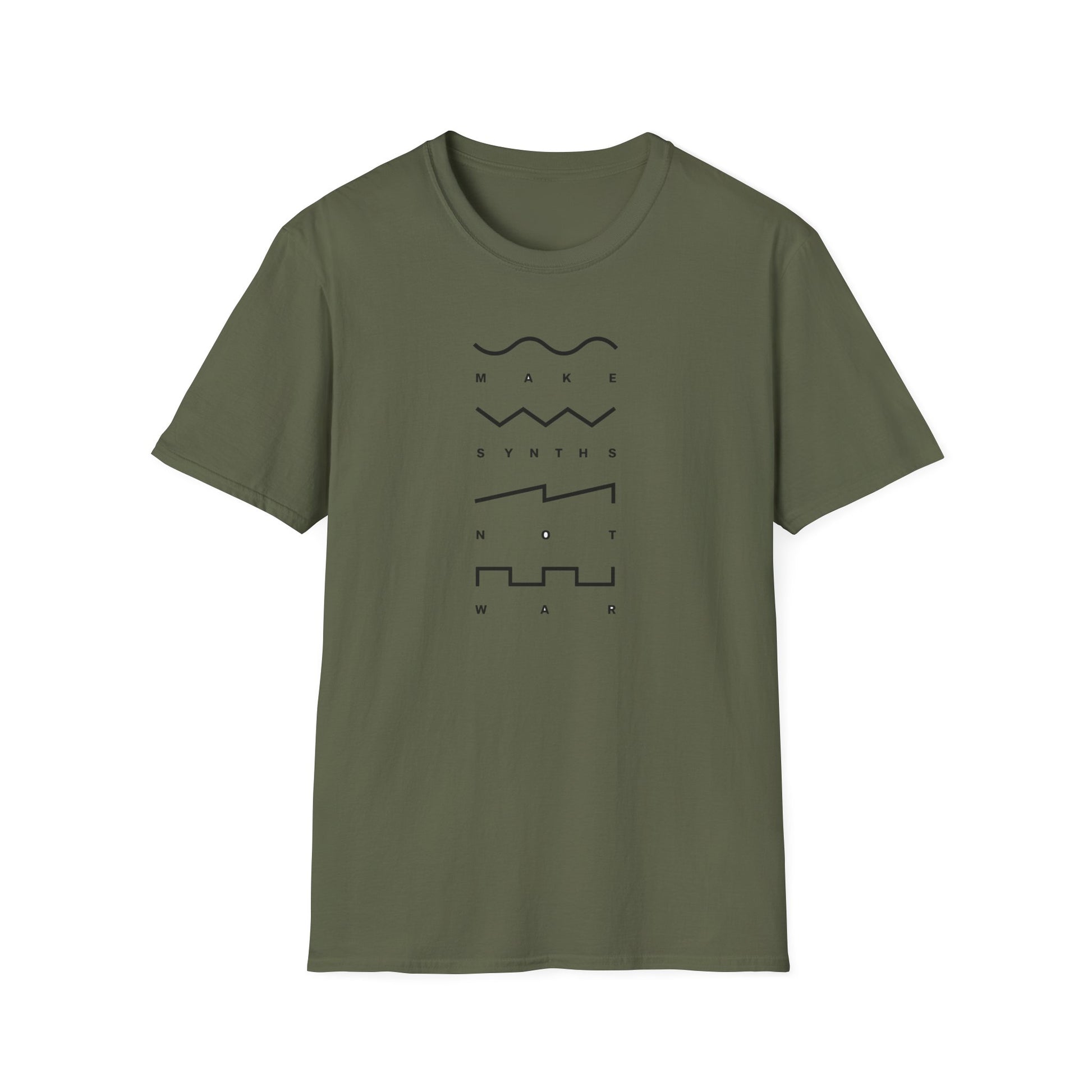 Olive green t-shirt with black text and synth wave graphics forming the words "Make Synths Not War".