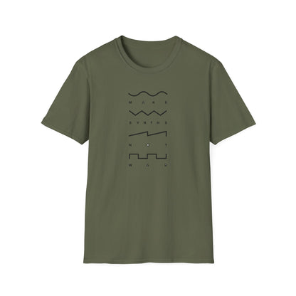 Olive green t-shirt with black text and synth wave graphics forming the words "Make Synths Not War".