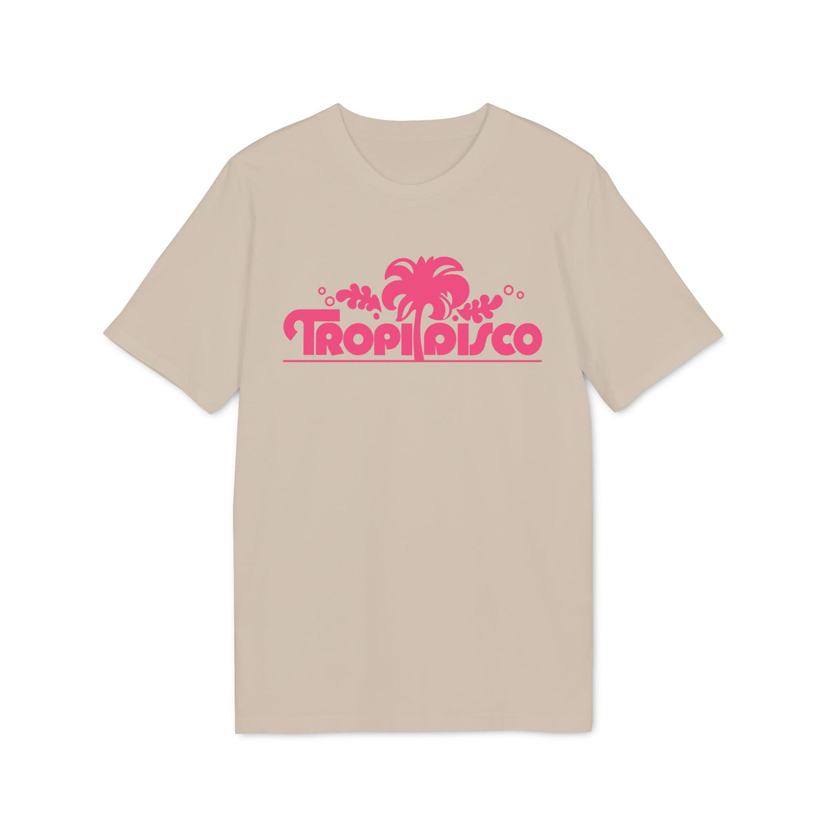 Beige t-shirt with "Tropi Disco" text and palm tree graphic in pink.