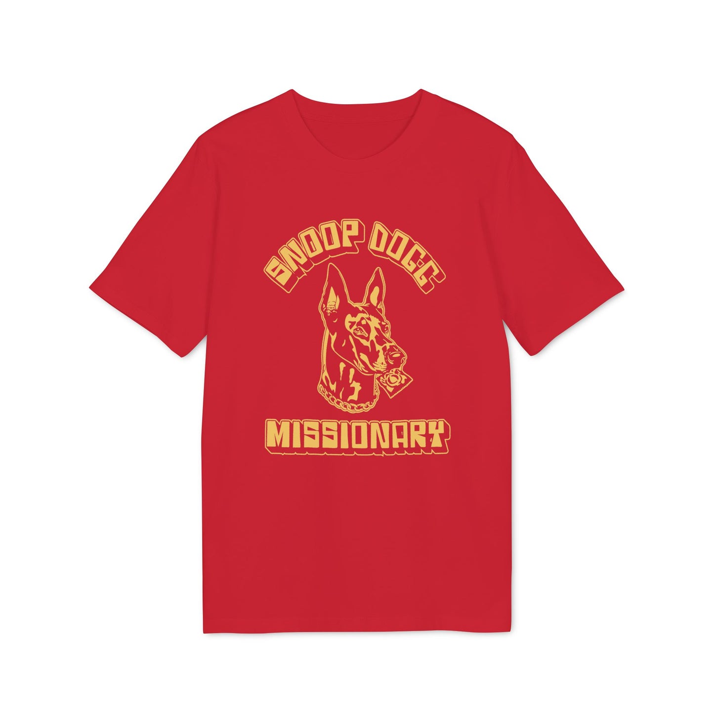 Red t-shirt with Snoop Dogg Missionary graphic and Doberman head wearing a chain.