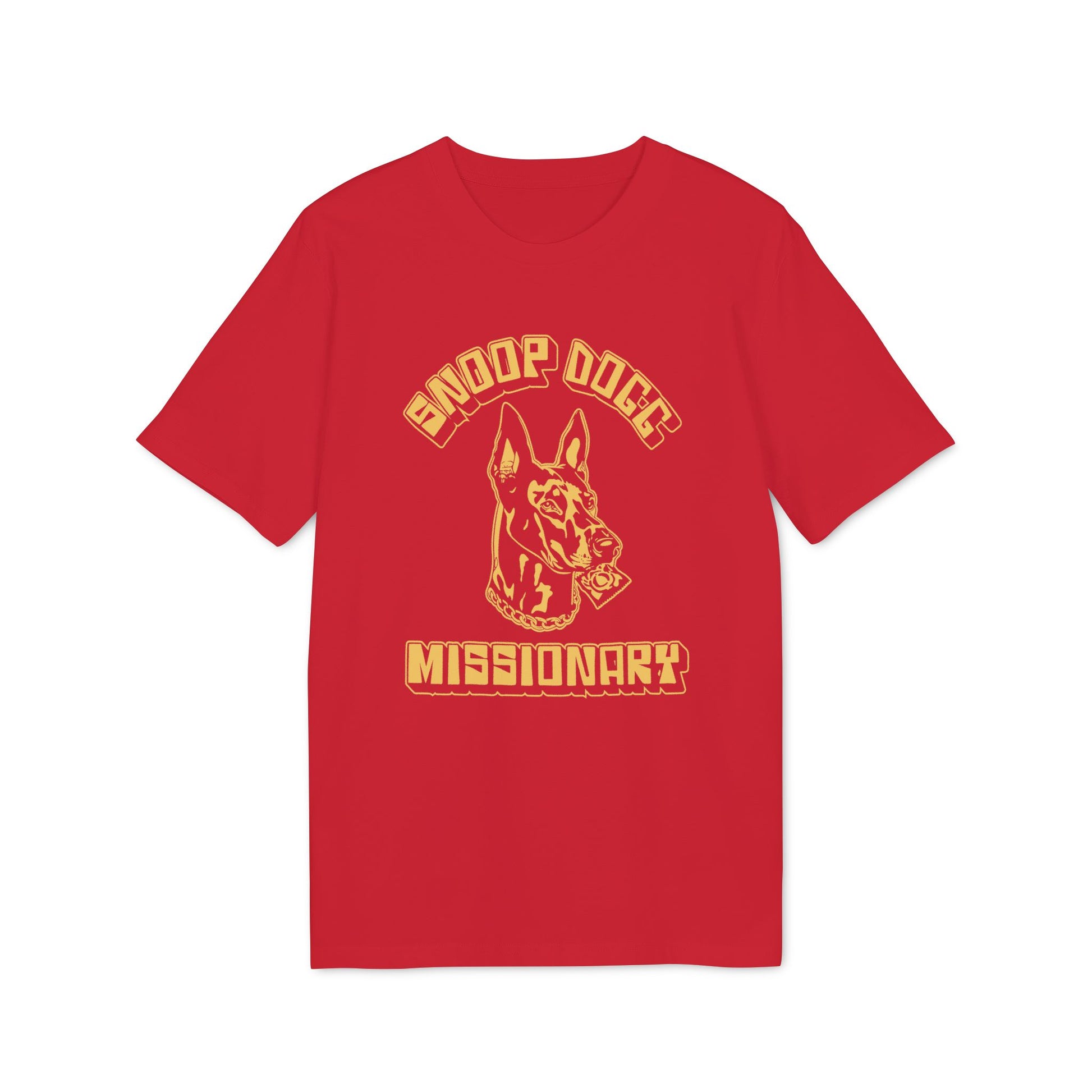 Red t-shirt with Snoop Dogg Missionary graphic and Doberman head wearing a chain.