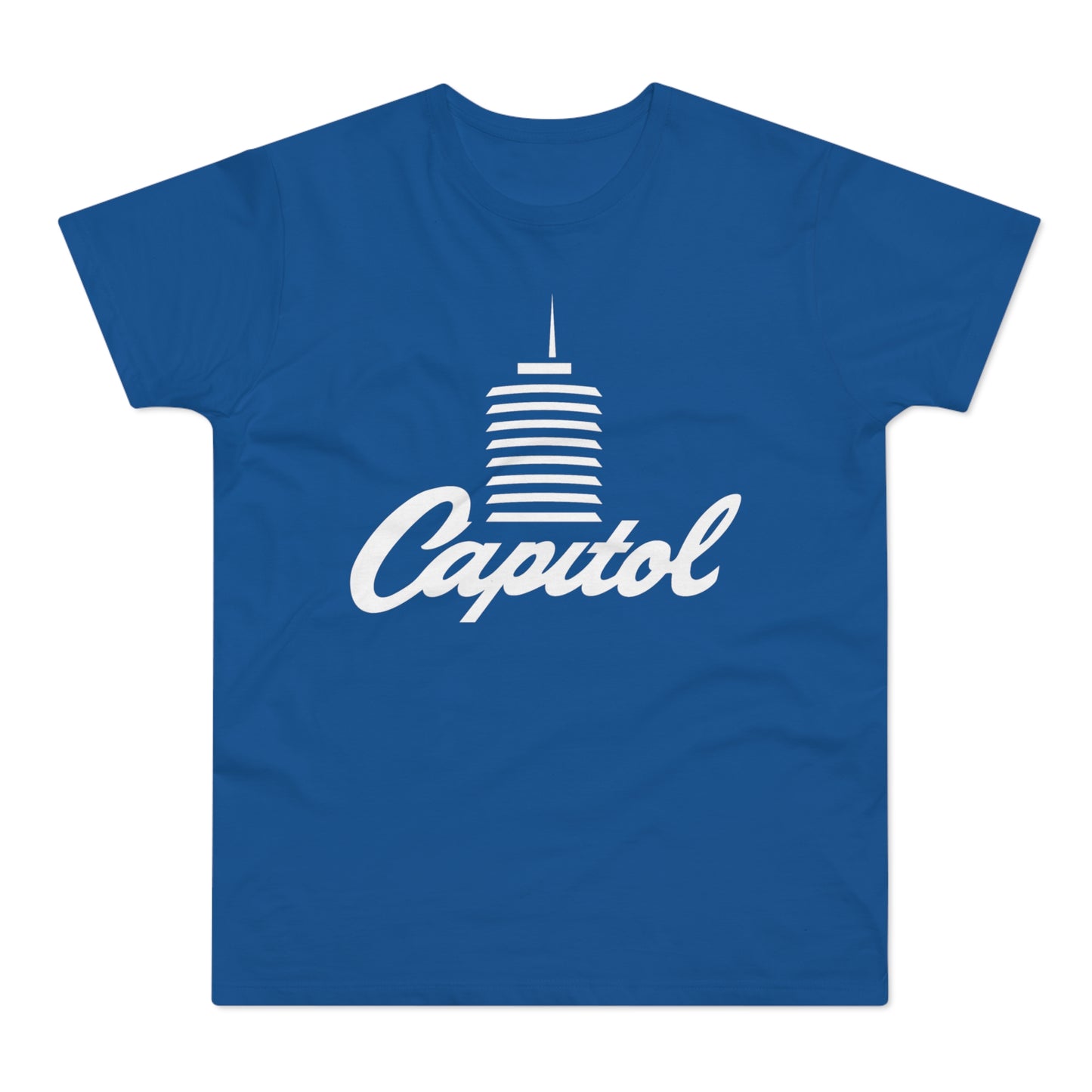 Blue t-shirt with white "Capitol" text and building graphic.